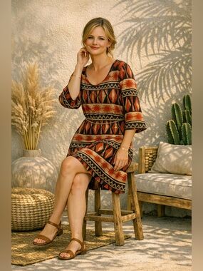 DKNY Women's Aztec 3/4-Sleeve Low Back Mini Sheath Dress Size 3X Southwestern